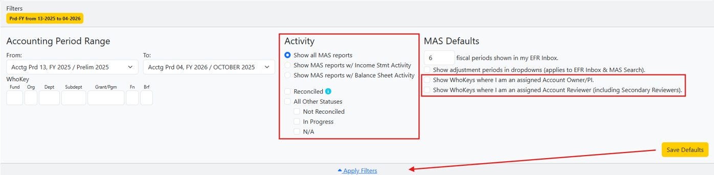 Screenshot that shows the current Filters section. The items being removed are in red boxes and the red arrow represents the movement of the Save Defaults button (which also changes to a floppy disk icon